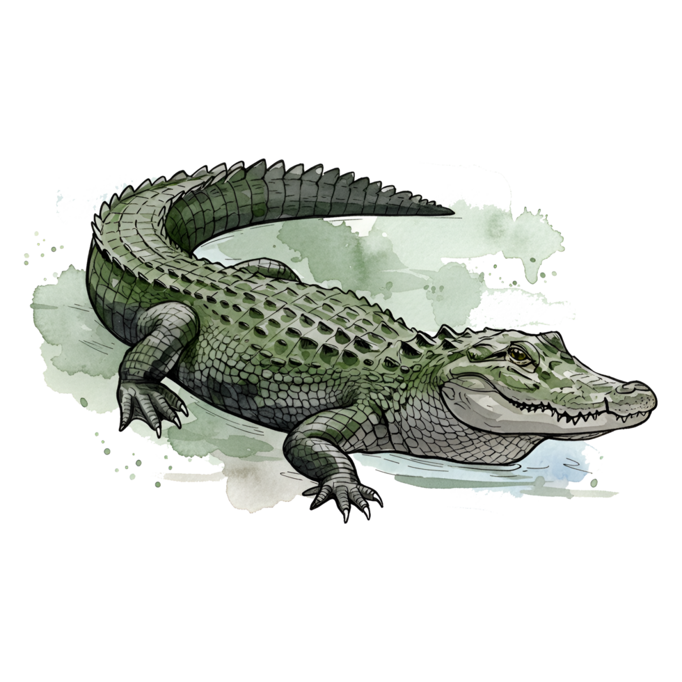 A watercolor style image of an alligator partially submerged in water with a neutral tone splash around it on transparent background png