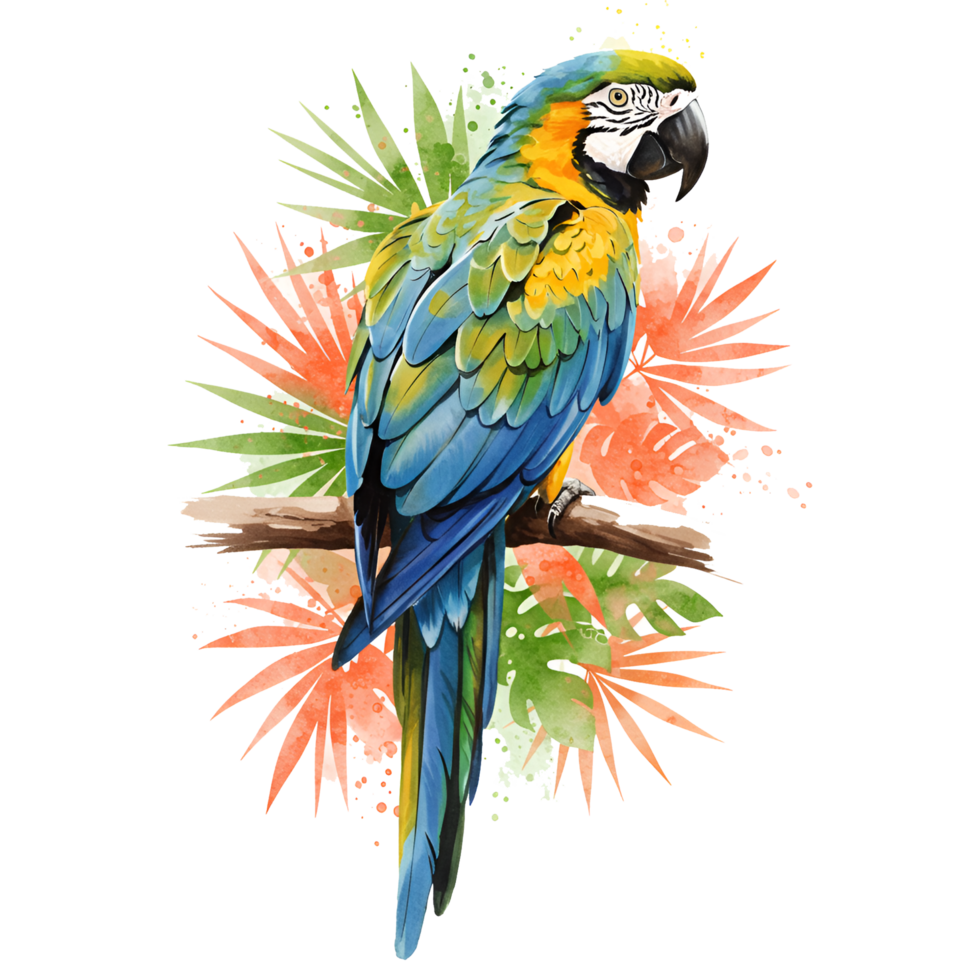 Watercolor parrot perched on a branch with orange and green foliage in the background design art on transparent background png