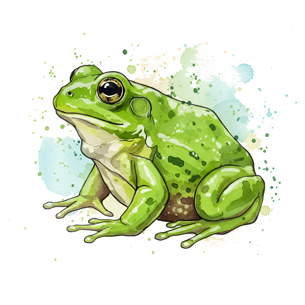 A watercolor style image of a vibrant green frog sitting with a splash of color behind it artfully on transparent background png
