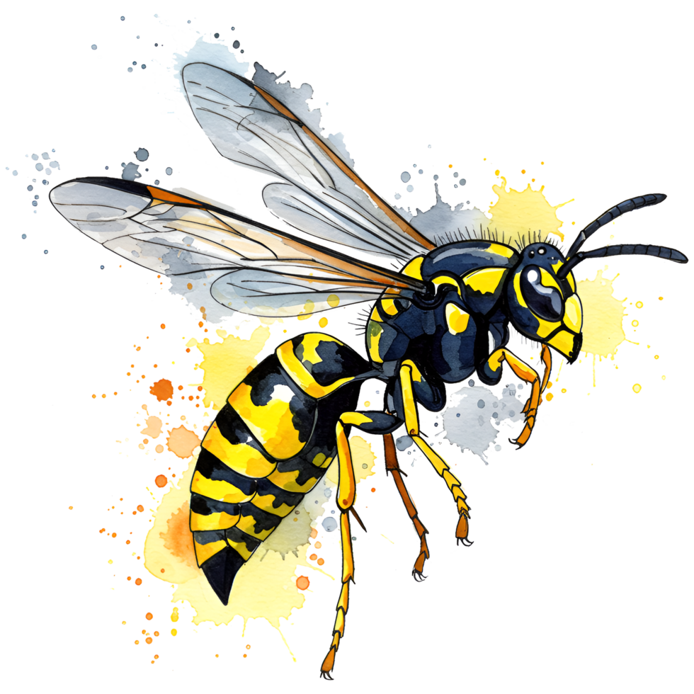 Watercolor style image of a wasp with yellow and stripes and translucent wings on a neutral backdrop on transparent background png