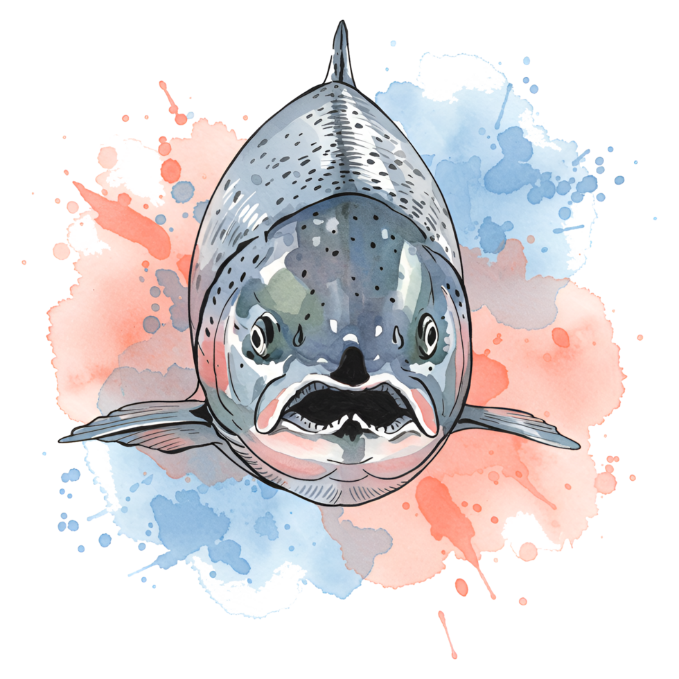 Frontal view of a speckled trout with watercolor splashes on a transparent canvas design art on transparent background png
