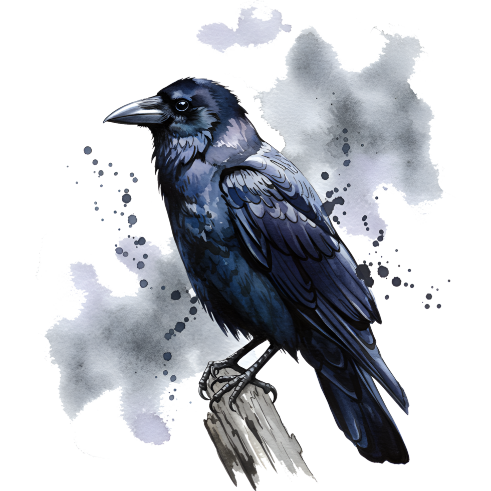A watercolor style raven perched on a weathered wooden post with a smoky grey and white background effect on transparent background png