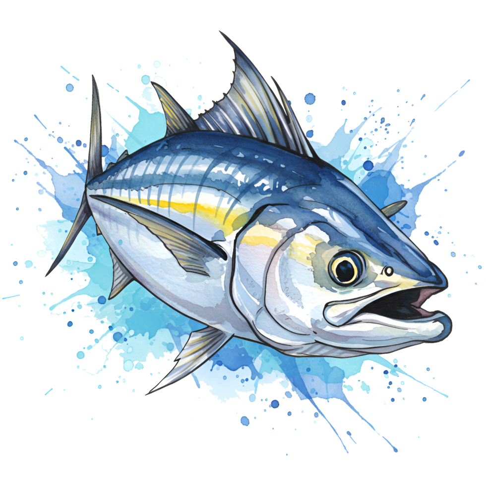 Watercolor style artistic rendering of a tuna fish with blue water splashes surrounding it on transparent background png