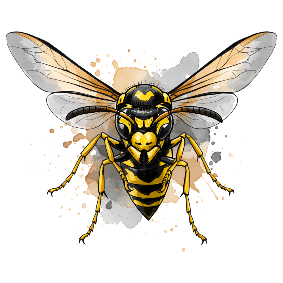 A detailed image of a wasp with transparent wings and yellow and stripes on a neutral backdrop on transparent background png