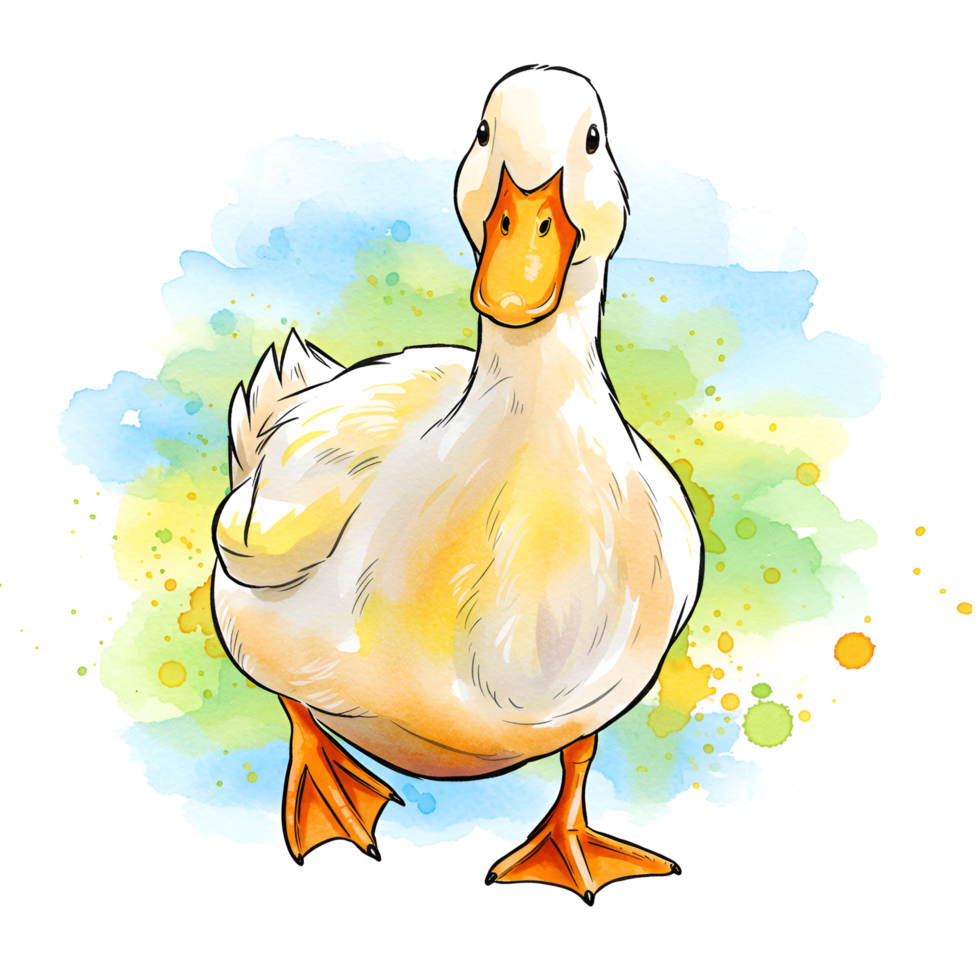 Watercolor style drawing of a duck standing on a colorful splash with a transparent surrounding area on transparent background png