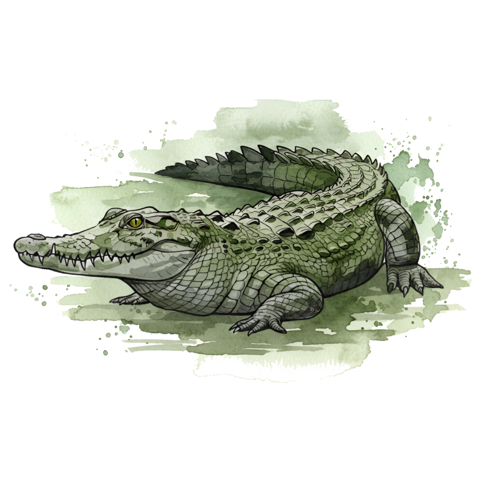 A watercolor style image of an alligator with a green and gray color scheme is presented here on transparent background png