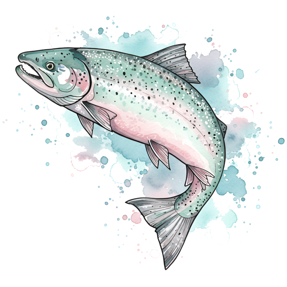 Watercolor style artwork of a salmon with spots and fins against a splashy light backdrop on transparent background png