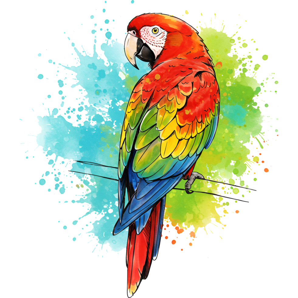 Colorful parrot perching on a wire with watercolor splash effect in the background art drawing style on transparent background png