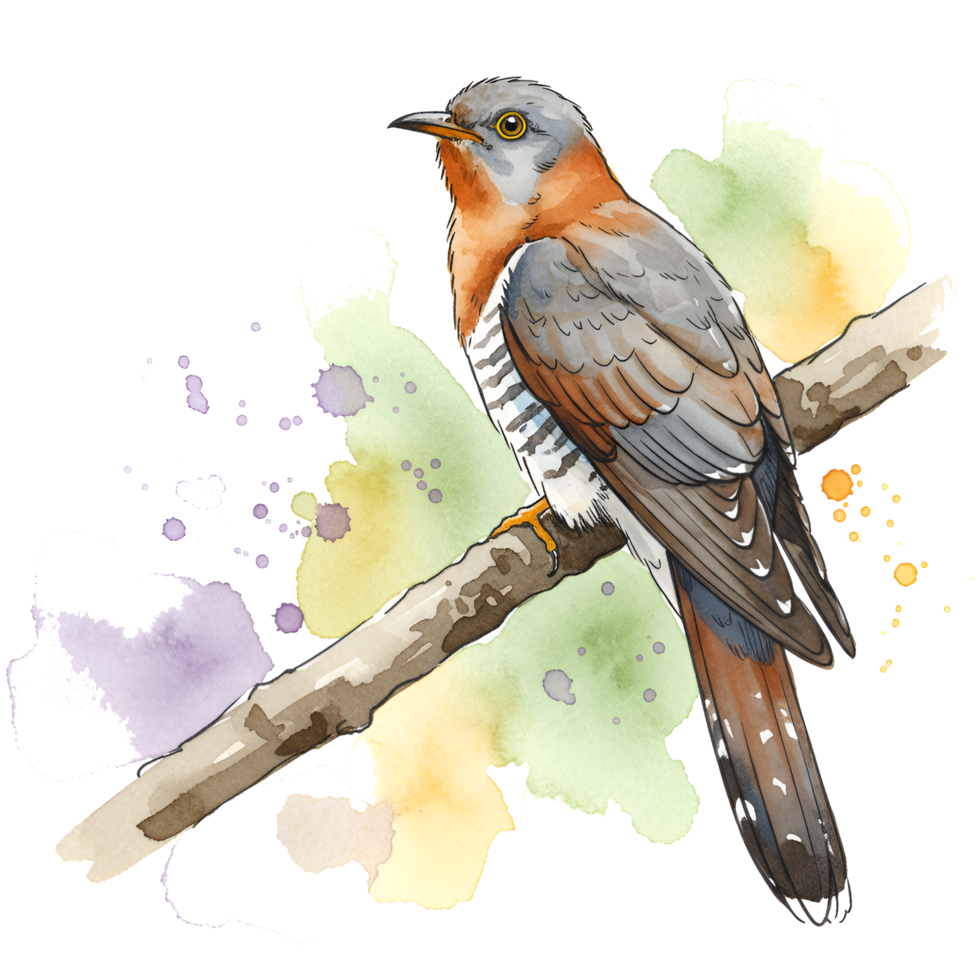 Watercolor depiction of a cuckoo bird perched gracefully on a branch against a colorful backdrop design on transparent background png