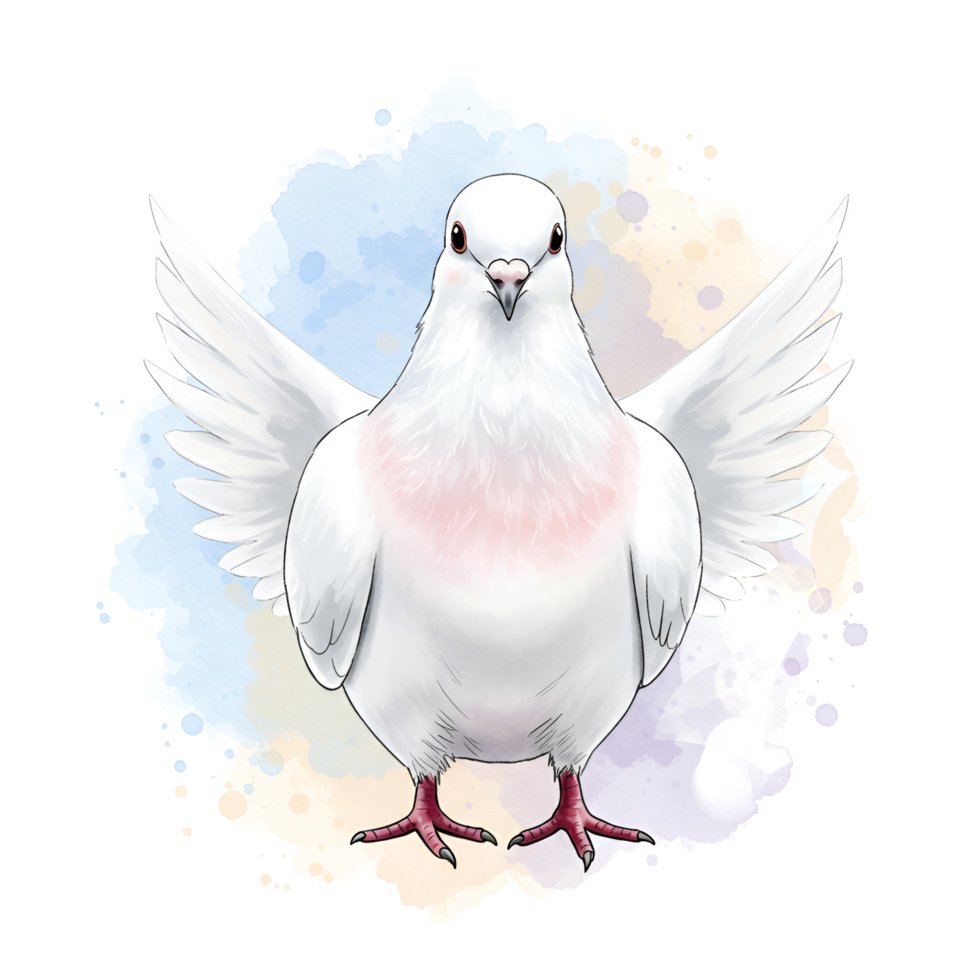 Front facing dove with wings spread against a watercolor splash of blue and gold colors artwork on transparent background png