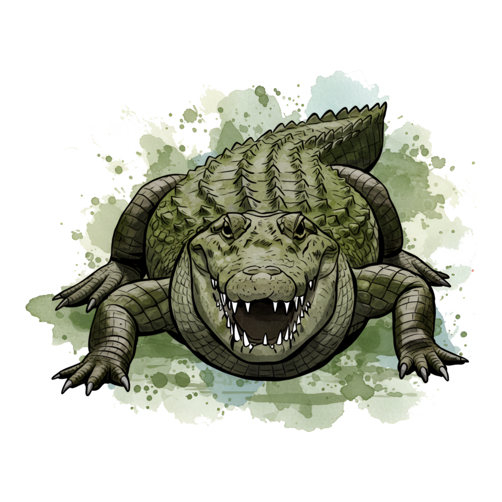 A smiling alligator with visible teeth and textured skin on a watercolor style splash effect on transparent background png