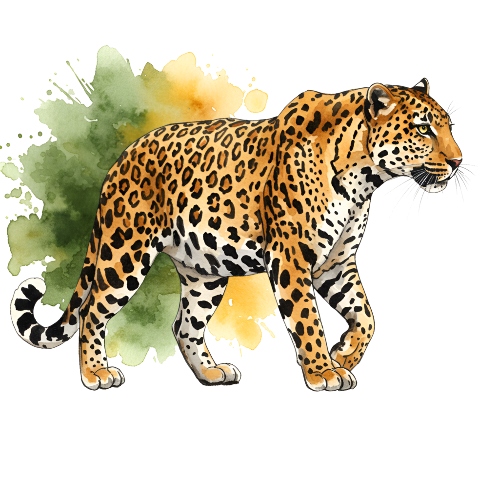Watercolor painting of a jaguar walking with green and yellow watercolor splash behind it in the image on transparent background png