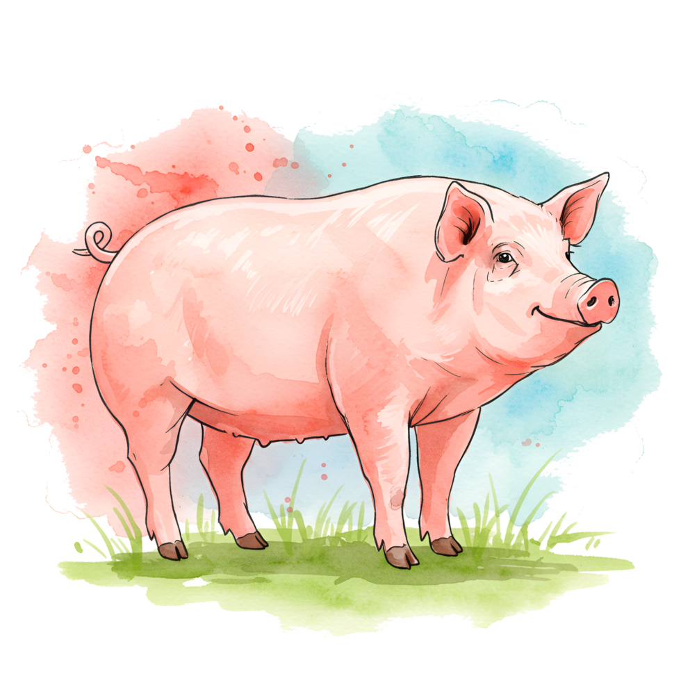 Watercolor style image of a pink pig standing on green grass with a colorful artistic backdrop on transparent background png