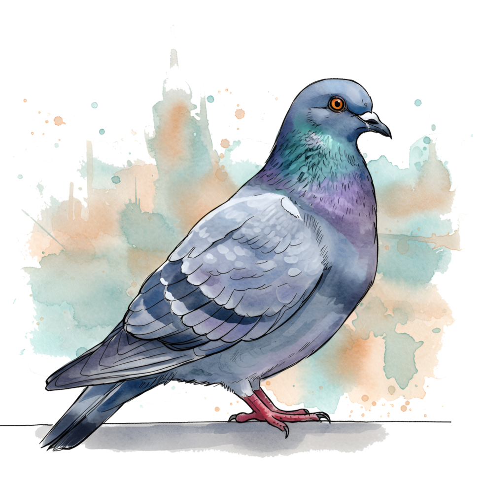 A watercolor style image of a pigeon standing on a ledge with a colorful artistic effect behind it on transparent background png