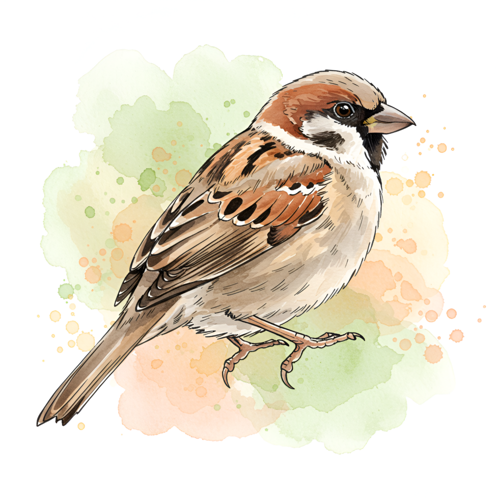 Watercolor style image of a sparrow perched on a colorful artistic watercolor splash design on transparent background png