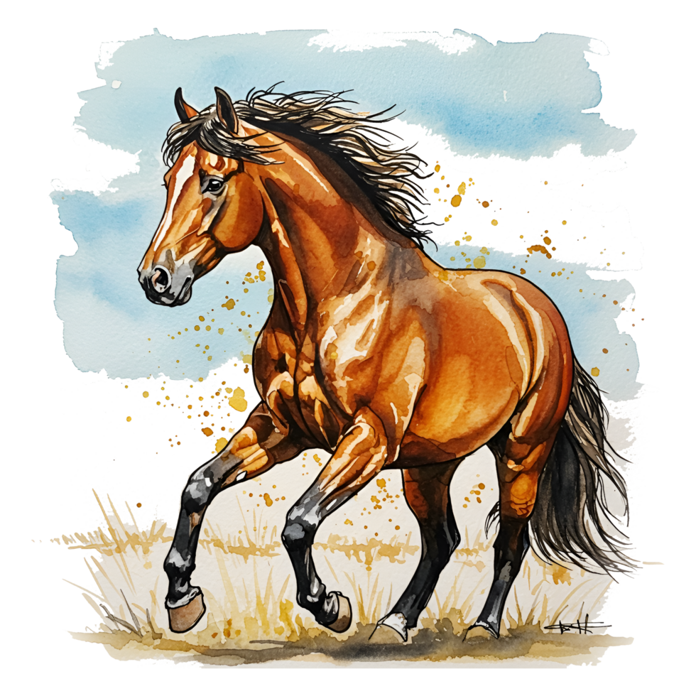 Watercolor painting of a chestnut horse running in a field with a light blue sky above it on transparent background png