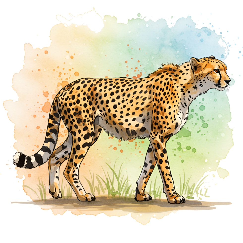 A cheetah standing on a surface with watercolor style spots in the upper portion of the image area on transparent background png