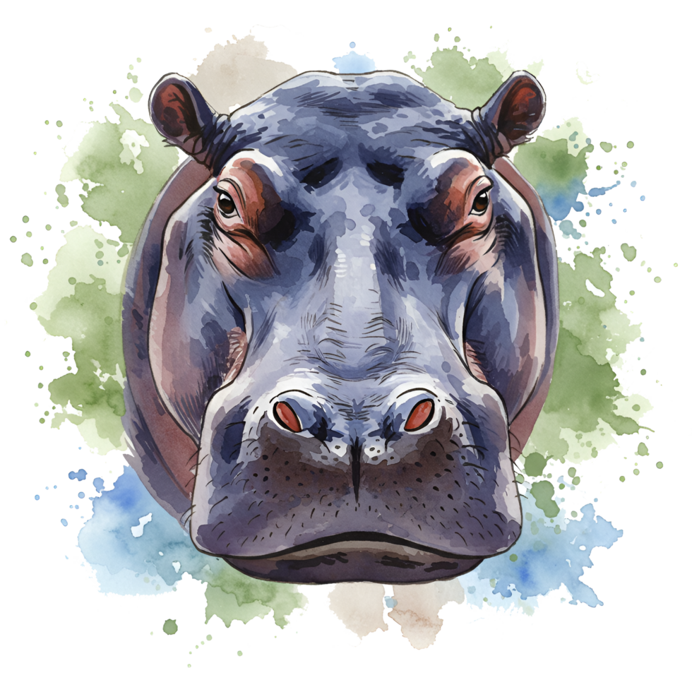 A watercolor painting of a hippopotamus head with splashes of color around it looking straight ahead on transparent background png