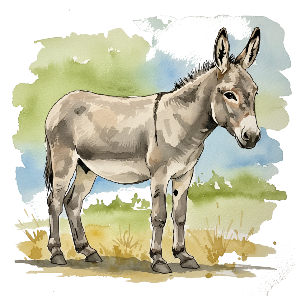 Watercolor style depiction of a gray donkey standing in a field with a green and blue sky backdrop on transparent background png