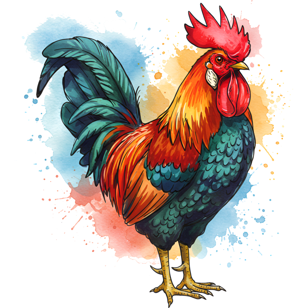 A vibrant rooster with watercolor splash effect stands proudly in a colorful composition design style on transparent background png