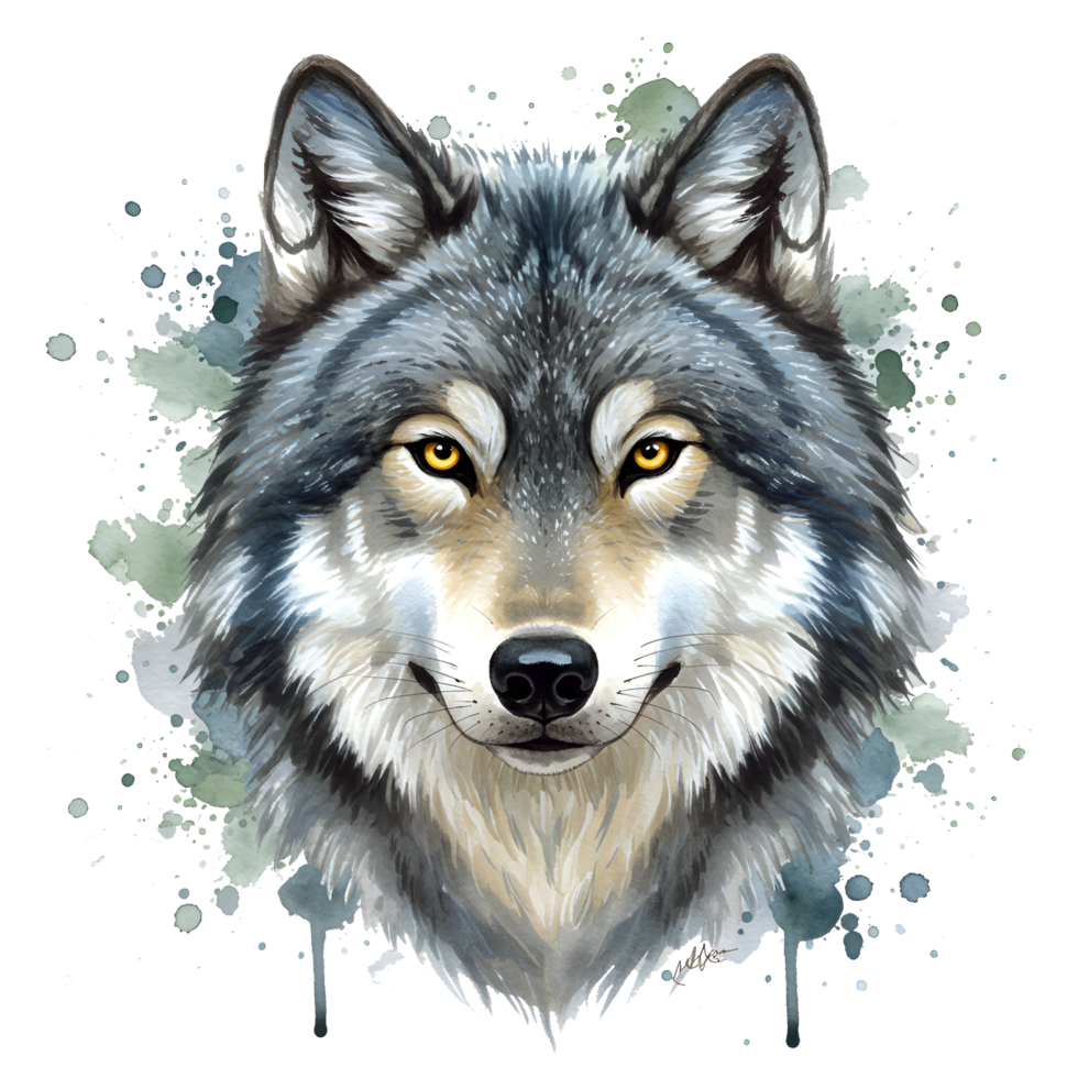 Watercolor style portrait of a wolf with yellow eyes and a neutral expression on a transparent field on transparent background png