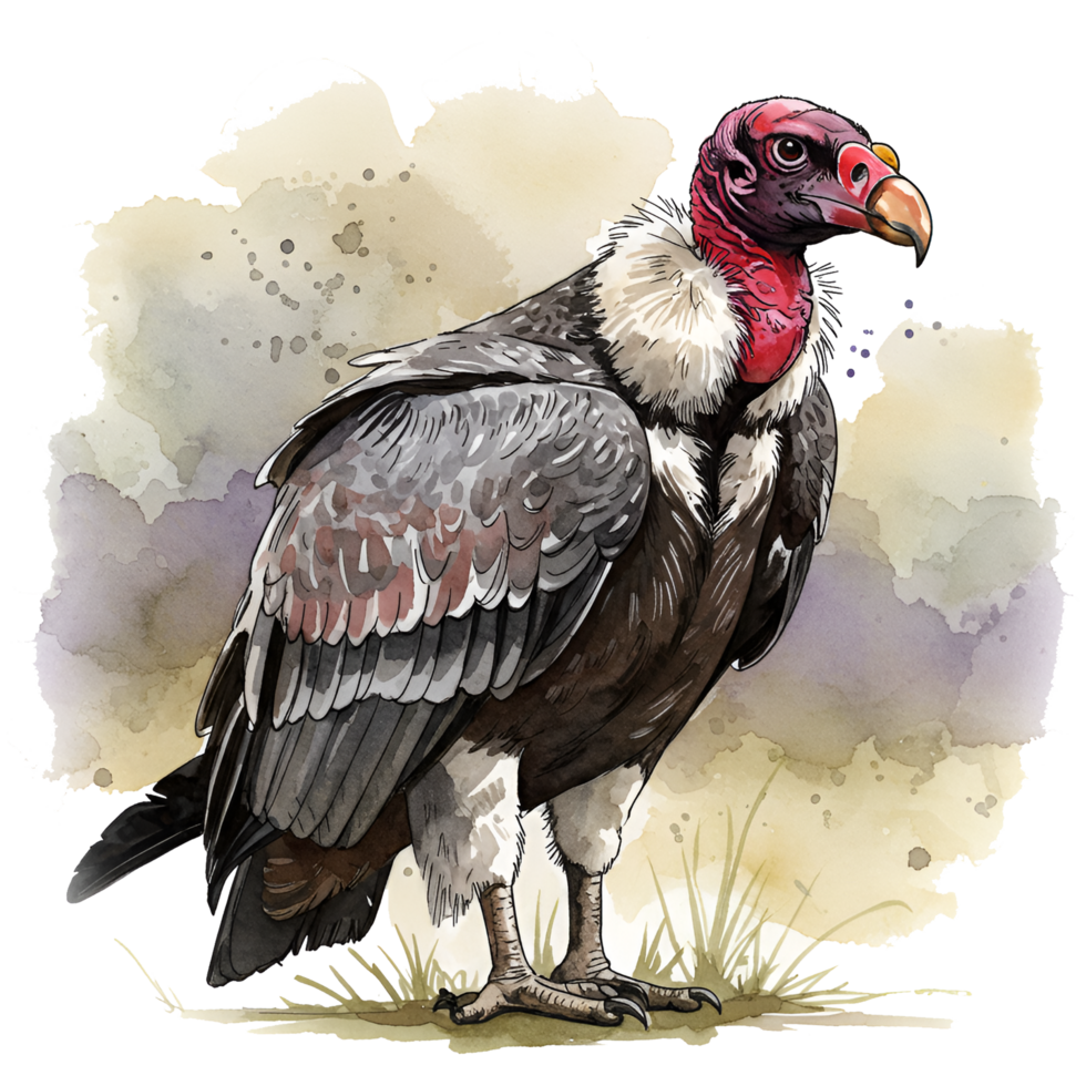 A watercolor style image of a vulture with red head standing in a field of grass and foliage on transparent background png