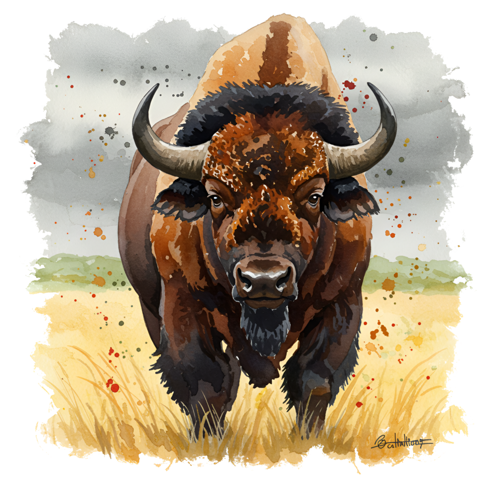 Watercolor painting of a bison standing in a field with a cloudy sky in the background artwork style on transparent background png