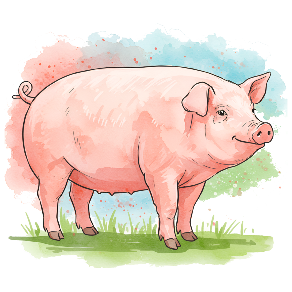 A watercolor style depiction of a pink pig standing on green grass with a colorful background design on transparent background png