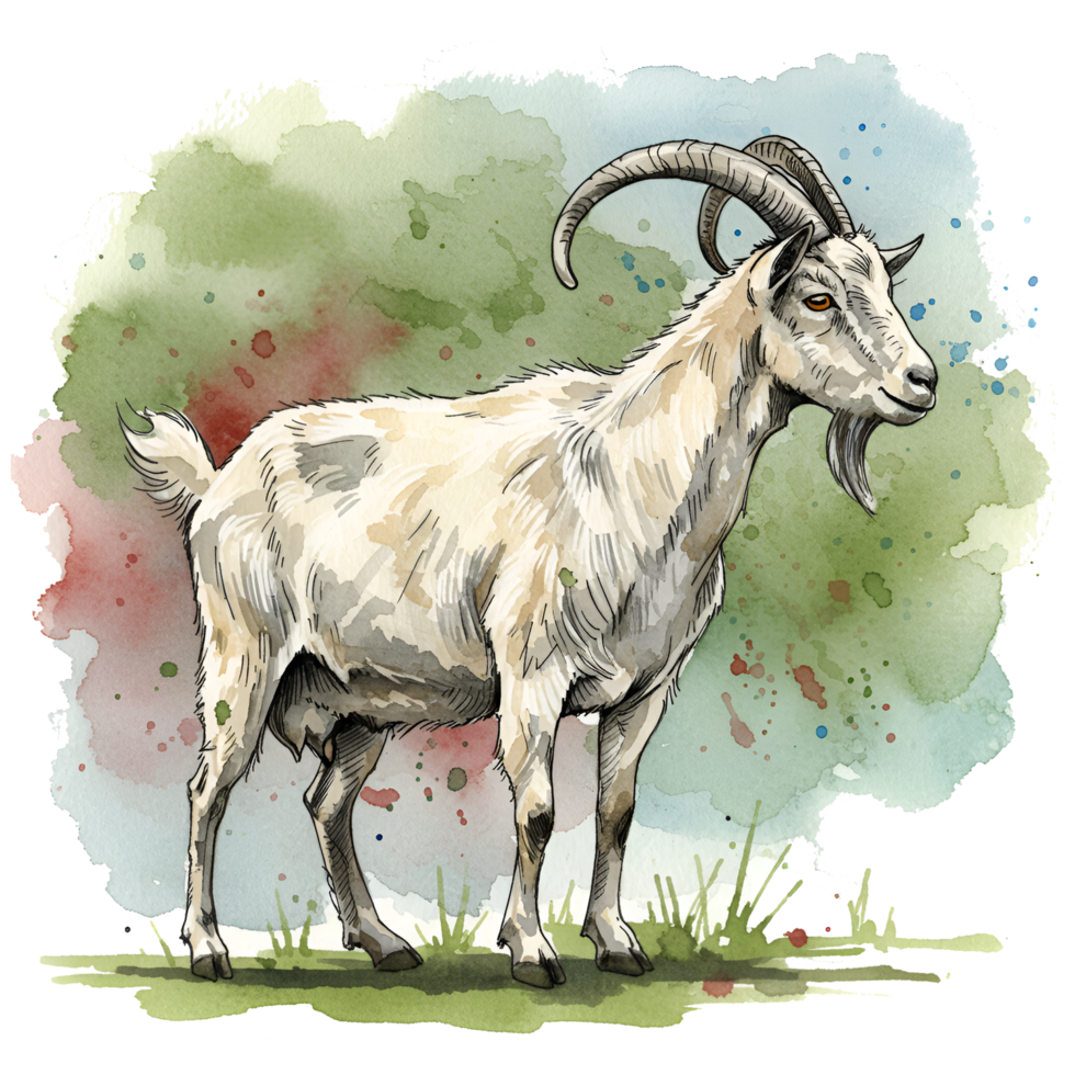 Watercolor style drawing of a goat with horns standing on grass against a colorful splash on transparent background png