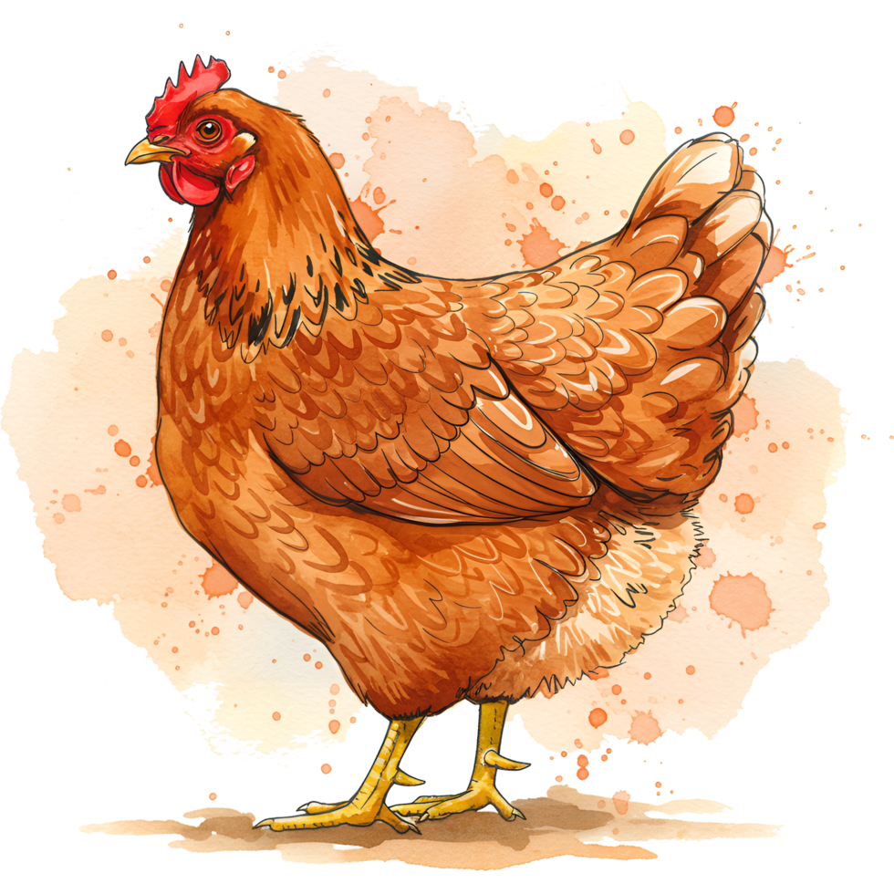 A watercolor style drawing of a hen with orange feathers standing on a light ground plane art on transparent background png
