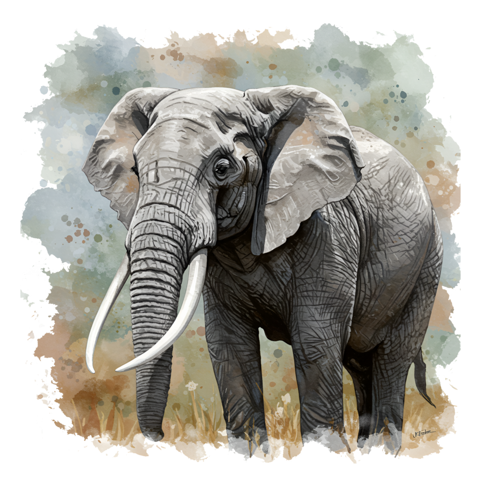 Watercolor style painting of an african elephant standing in a grassy area with a muted sky behind it on transparent background png