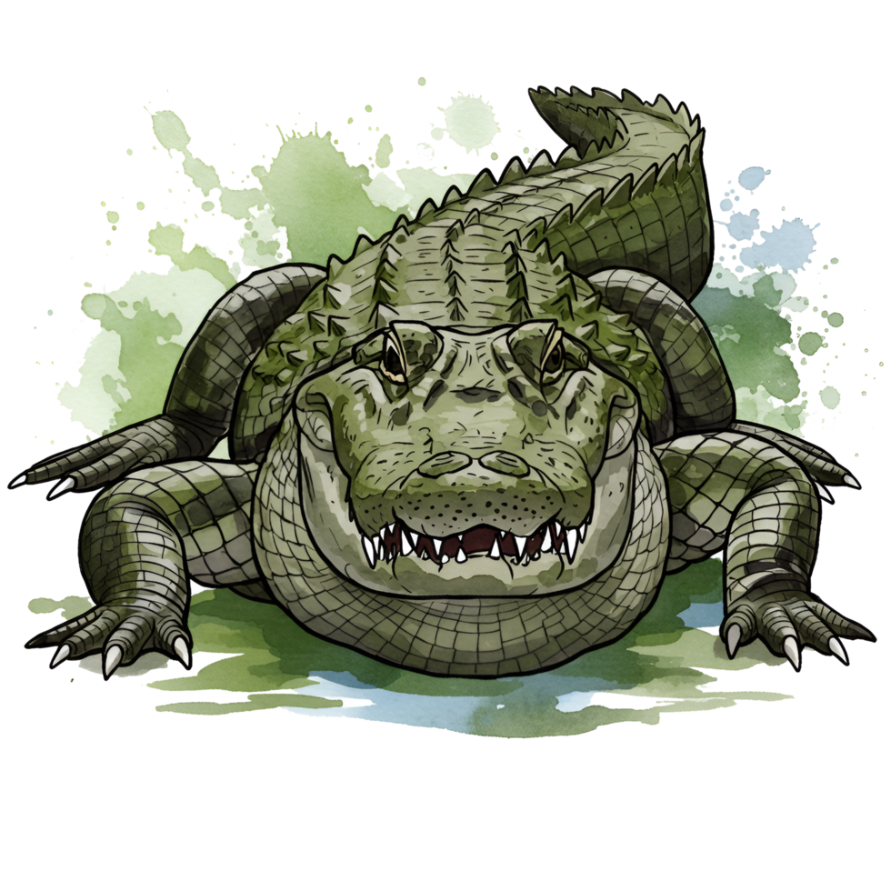 A detailed front view of an alligator with visible teeth and green watercolor style elements around it on transparent background png