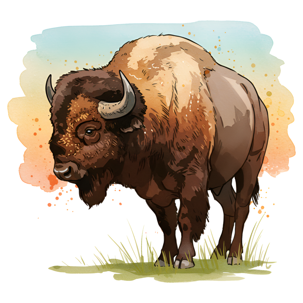 Watercolor style rendering of a bison standing on grass with a colorful sky in the distance on transparent background png