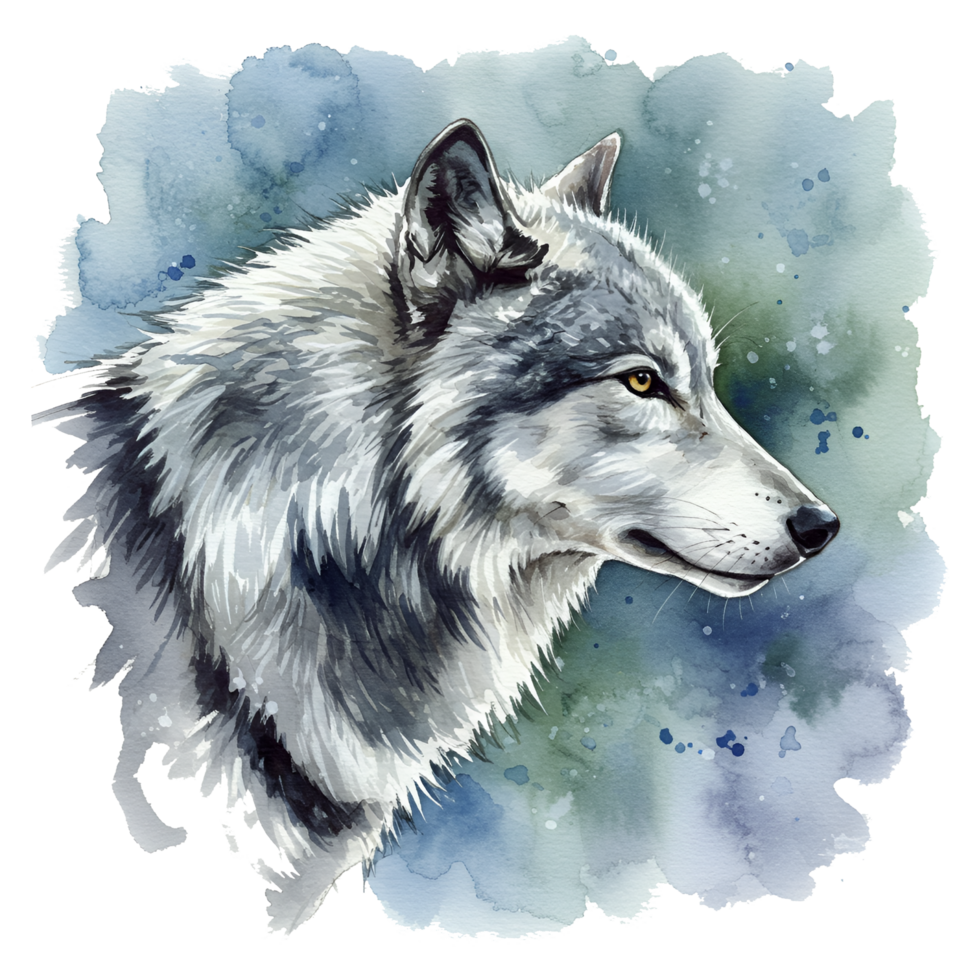 Watercolor painting of a majestic wolf with a serene expression on a textured light background on transparent background png