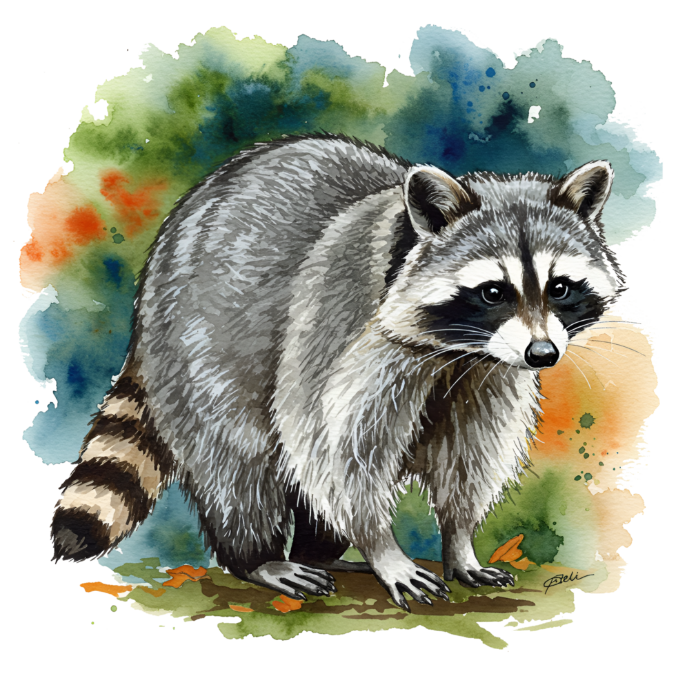 Watercolor style depiction of a standing raccoon with a bushy tail and colorful foliage around it on transparent background png