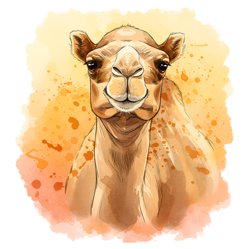 A watercolor style drawing of a camel with a light orange and yellow colored background behind it on transparent background png
