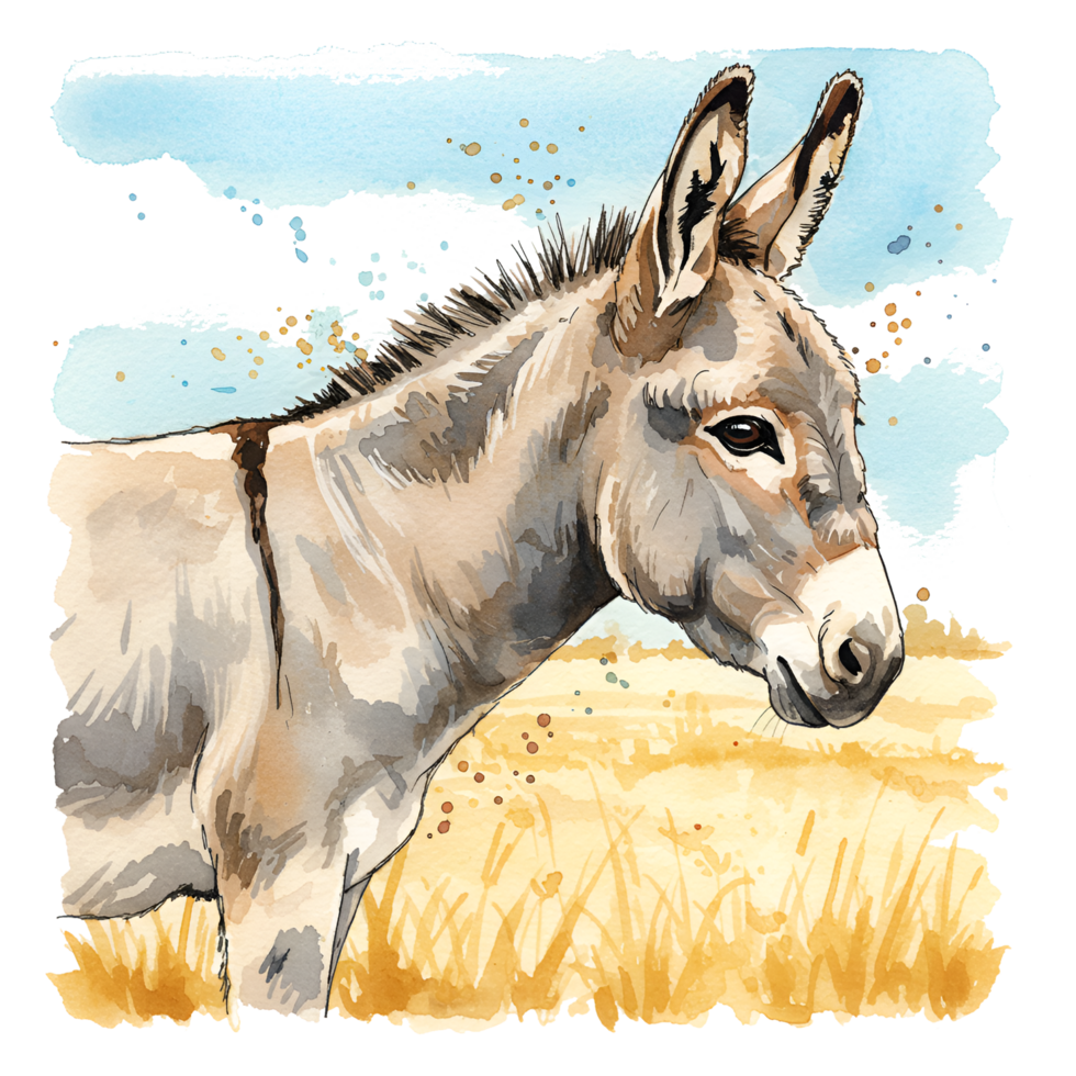 Watercolor painting of a donkey standing in a field with sky visible in the upper portion of image on transparent background png