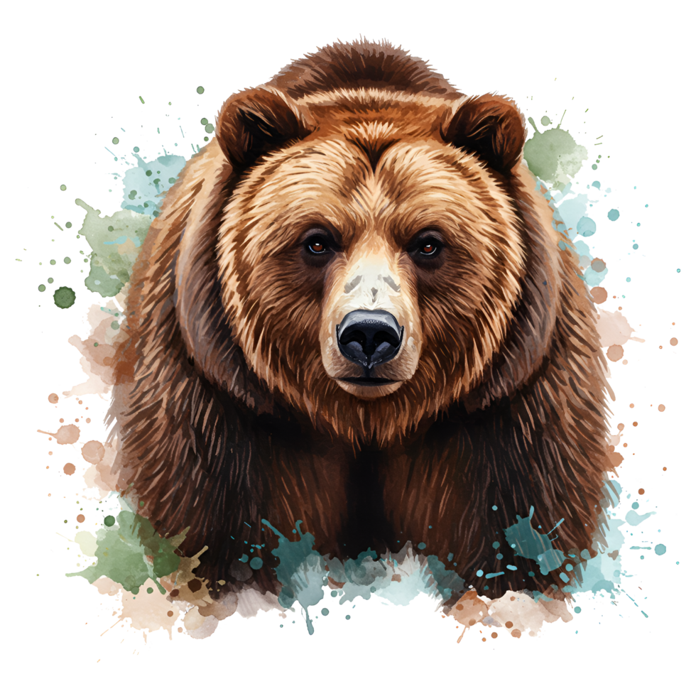 Portrait of a brown bear with watercolor splashes around it on a transparent canvas space here now on transparent background png