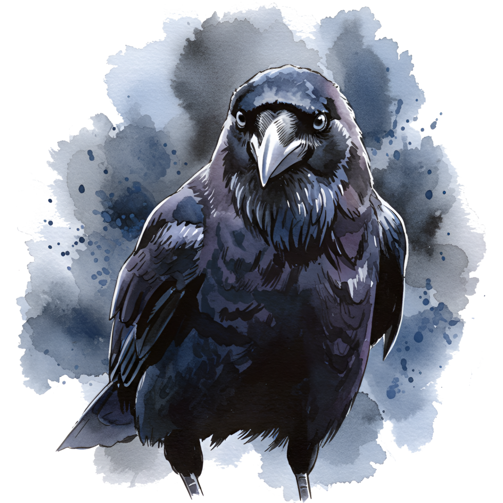 Watercolor style depiction of a crow with a cloud like shape behind it on a transparent layer on transparent background png