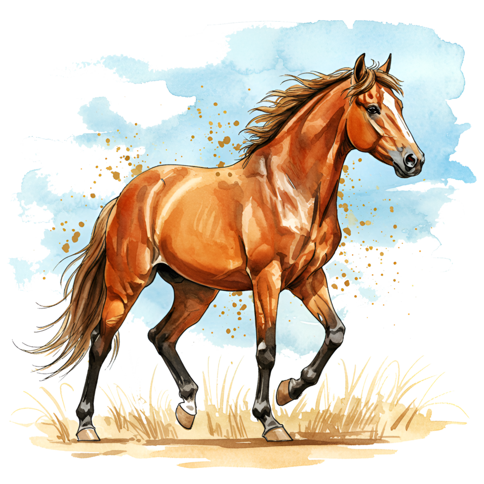 A chestnut horse trotting gracefully with a flowing mane and tail against a watercolor sky design on transparent background png