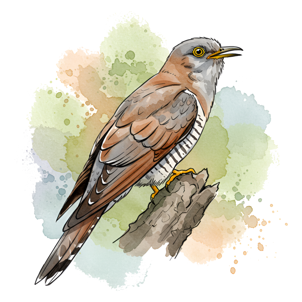 A watercolor painting of a cuckoo bird perched on a branch with a colorful splash behind it art style on transparent background png