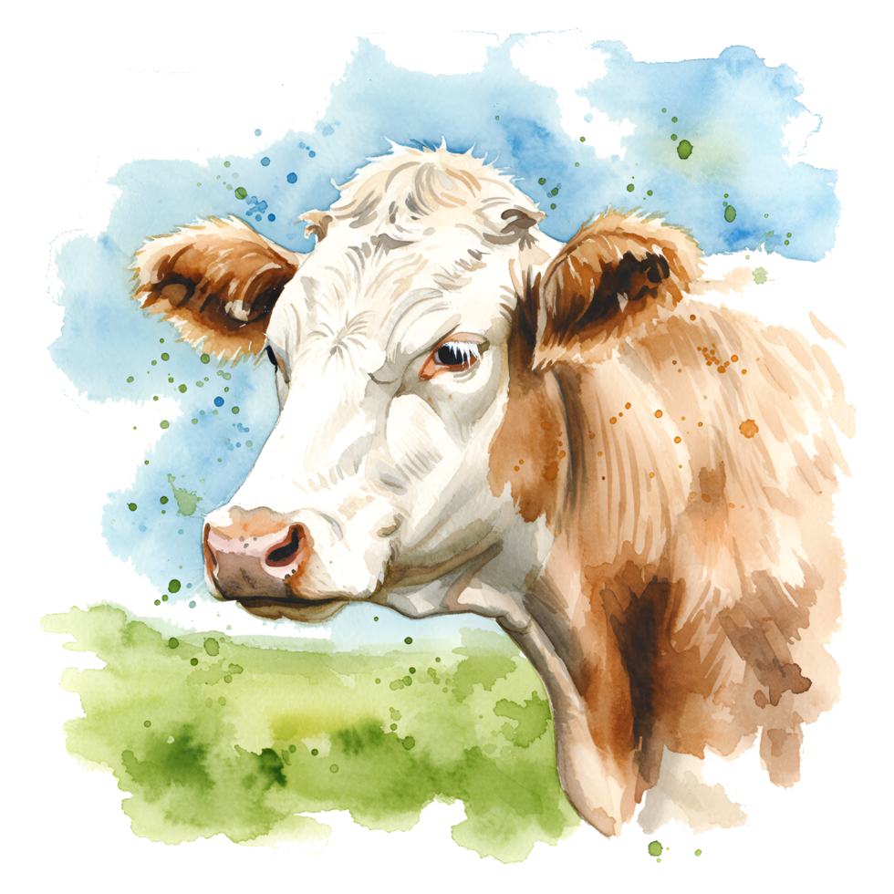 Watercolor style painting of a brown and white cow with a blue and green watercolor splash effect 100c on transparent background png