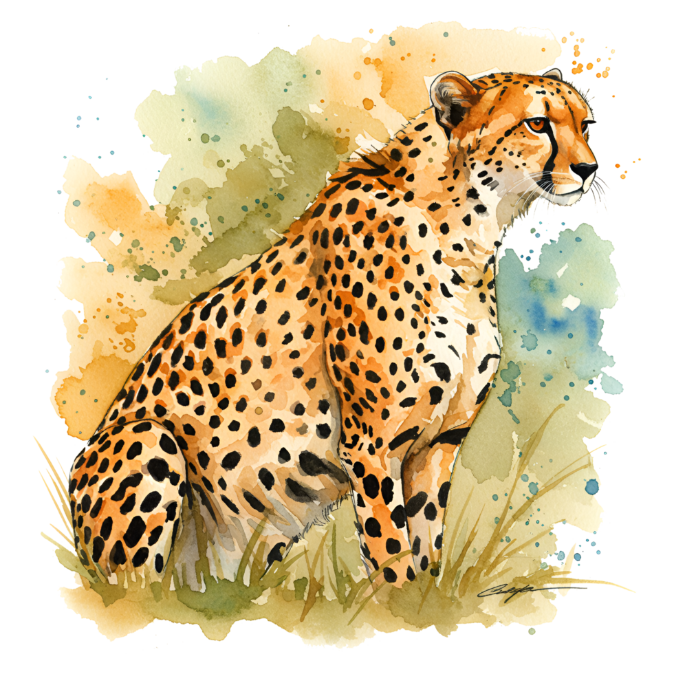 Watercolor painting of a cheetah sitting in grass with a colorful abstract splash around it looking right on transparent background png