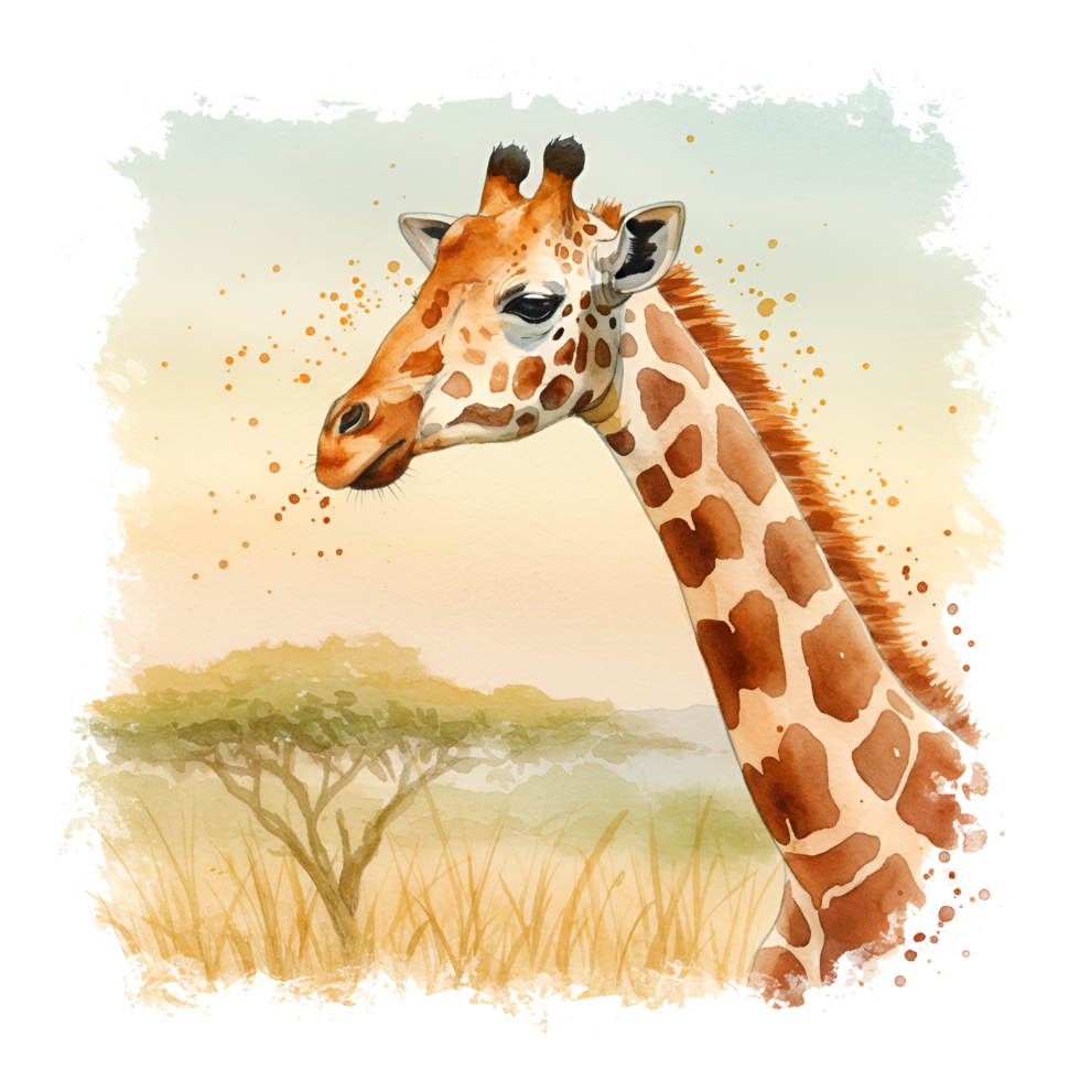 A watercolor painting of a giraffe in a field with a tree under a bright sky on a sunny day on transparent background png