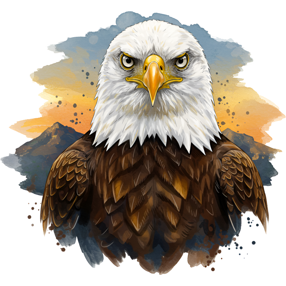 Close up of an eagle with mountains and sky in the background in a painted style image view shot on transparent background png