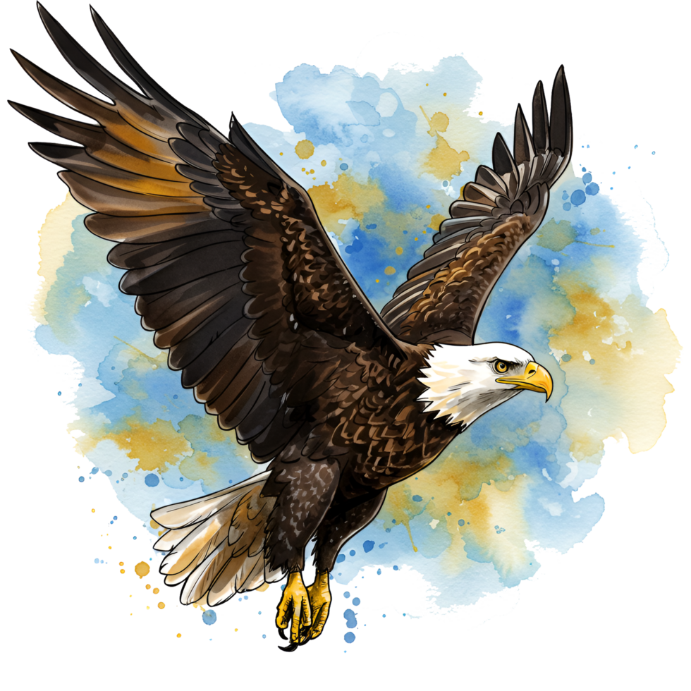 Watercolor style drawing of an eagle with wings spread against a colorful cloud design art on transparent background png