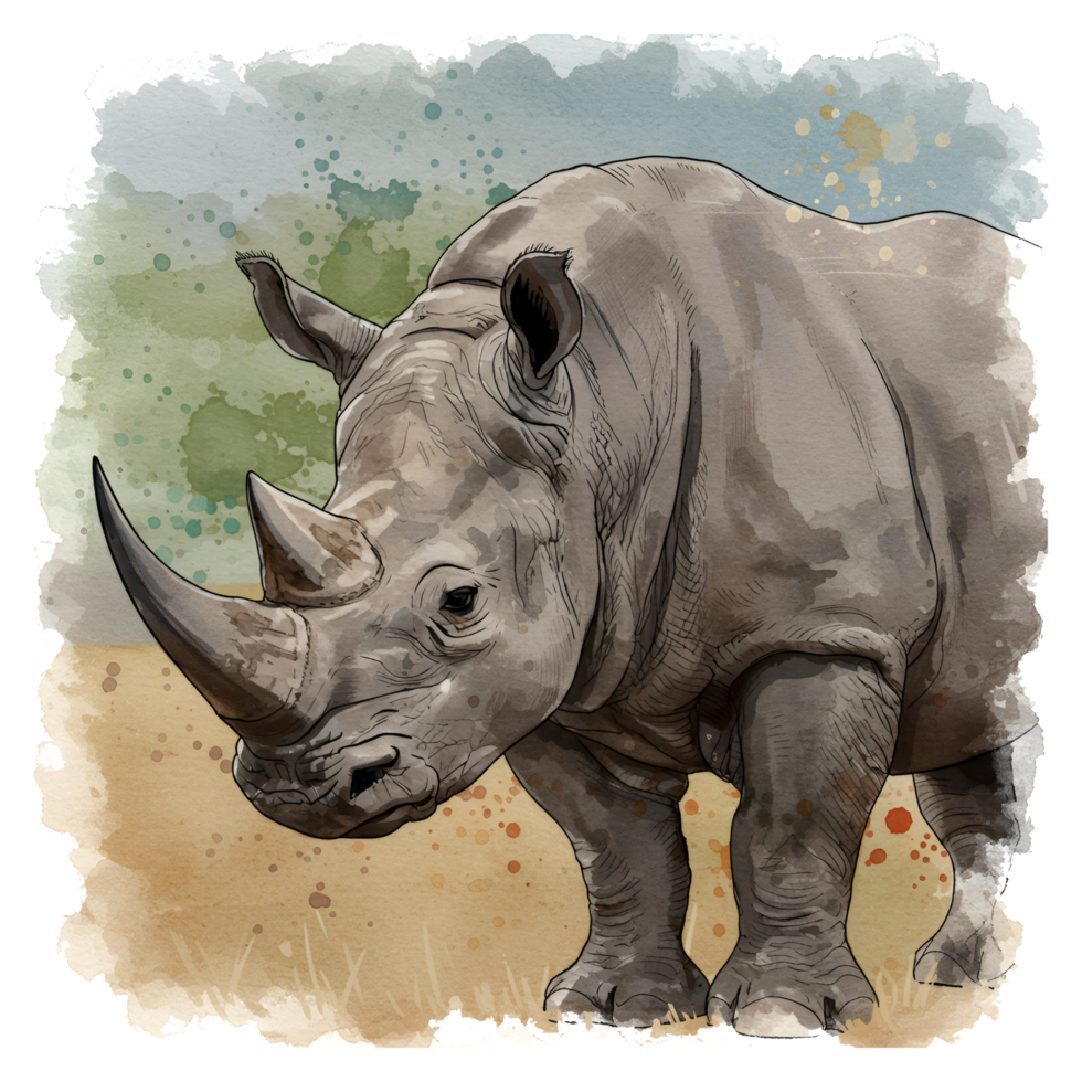 Watercolor style drawing of a rhinoceros with large horns standing in a grassy plain area view on transparent background png