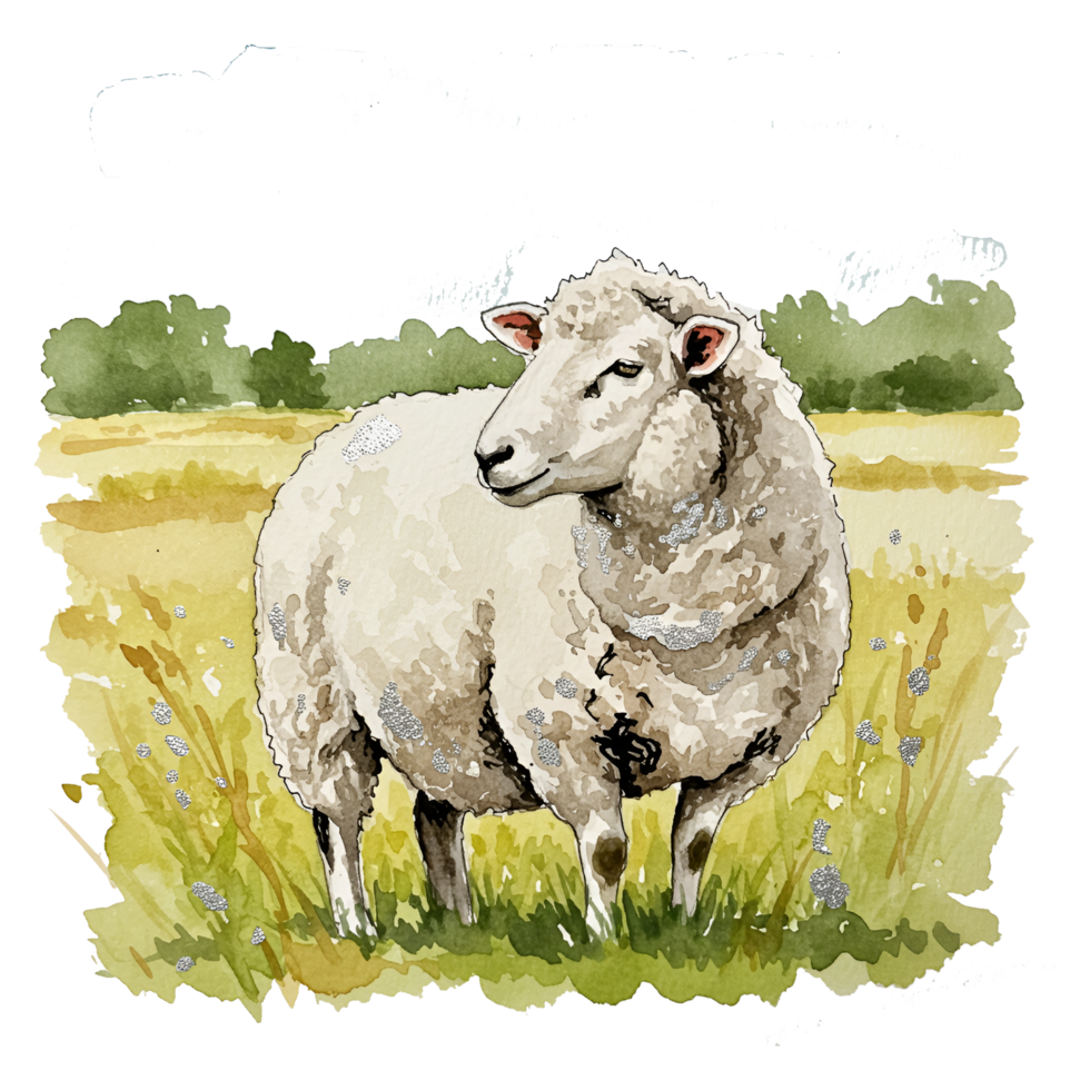 Watercolor painting of a sheep standing in a field with trees in the distance on a sunny day on transparent background png