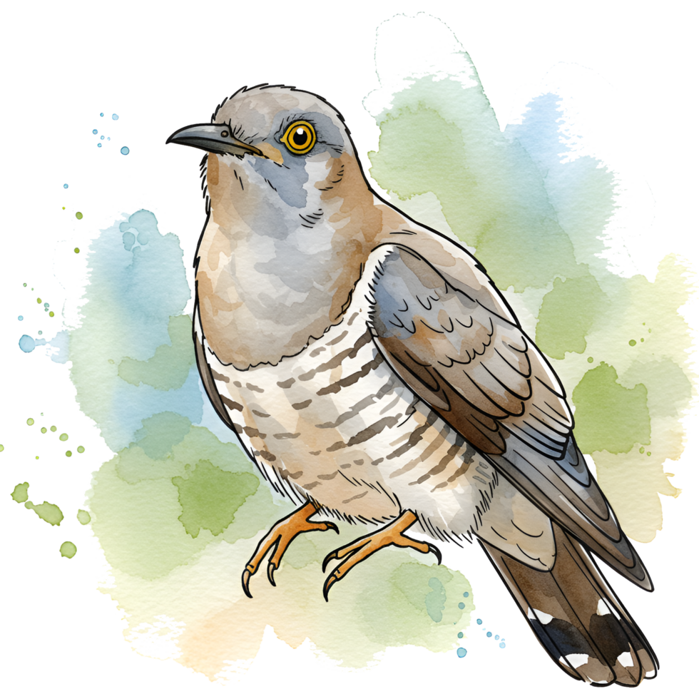 Watercolor style image of a cuckoo bird with gray and brown feathers sitting on a light spot on transparent background png