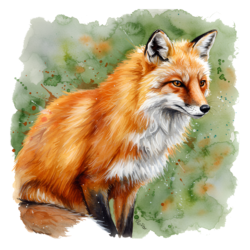 Watercolor painting of a fox with orange fur and a green and orange mottled abstract surrounding it on transparent background png